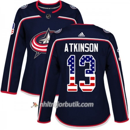 Dame Ishockey Columbus Blue Jackets Tröja Cam Atkinson 13 Adidas 2017-2018 Marinblå USA Flag Fashion Authentic